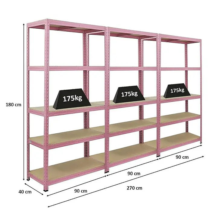 Proregal Schwerlastregal Mega Deal PINK LADY - Traglast pro Boden: 175 kg, Anzahl Böden: 5 Stk., Stecken, Rosa - Ein rosafarbenes Lagerregal mit vier Ebenen, das jeweils mit einem Gewicht von 175 kg belastet ist, zur Lagerung von Gegenständen.