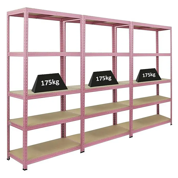 Proregal Schwerlastregal Mega Deal PINK LADY - Traglast pro Boden: 175 kg, Anzahl Böden: 5 Stk., Stecken, Rosa - Das Bild zeigt ein robustes, rosafarbenes Schwerlastregal mit drei Ebenen, auf denen jeweils Gewichte von 175kg platziert sind.
