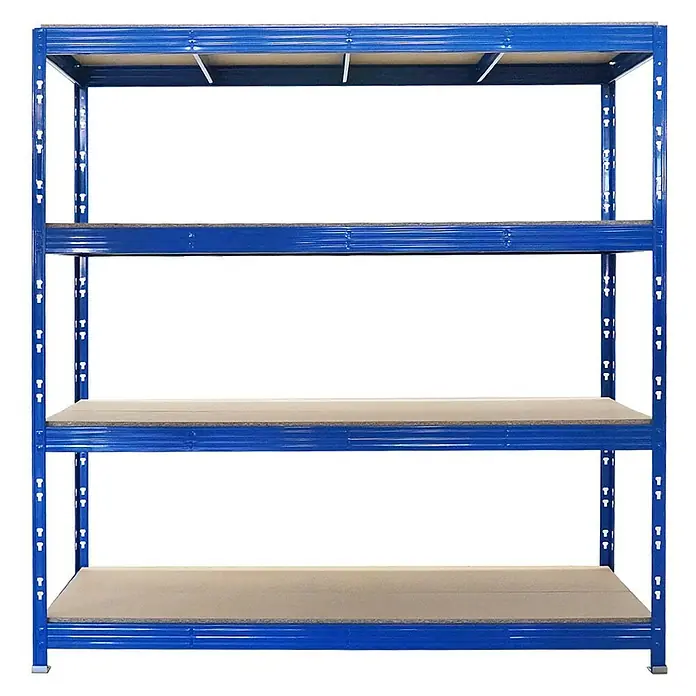 Proregal Schwerlastregal Profi RHINO - H x B x T: 200 x 200 x 60 cm, Traglast pro Boden: 500 kg, Anzahl Böden: 4 Stk., Stecken, Schwarz - Regal mit vier Ebenen. Das robuste Metallregal ist blau und hat braune Regalböden, ideal für Lagerung und Organisation.