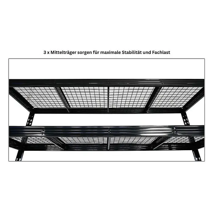 Proregal Schwerlastregal Mega Deal Profi RHINO - H x B x T: 180 x 200 x 60 cm, Traglast pro Boden: 500 kg, Anzahl Böden: 4 Stk., Stecken, Schwarz - Das Bild zeigt ein robustes, schwarzes Metallregal mit drei Mittelträgern für maximale Stabilität und hohe Fachlast. Ideal für Lagerung.