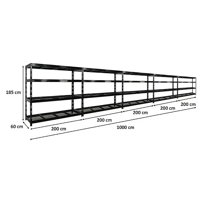 Proregal Schwerlastregal Mega Deal Profi RHINO - H x B x T: 180 x 200 x 60 cm, Traglast pro Boden: 500 kg, Anzahl Böden: 4 Stk., Stecken, Schwarz - Langes schwarzes Metallregal mit vier Ebenen zur Lagerung mit den Maßen 185cm hoch, 60cm breit und 1000cm lang.