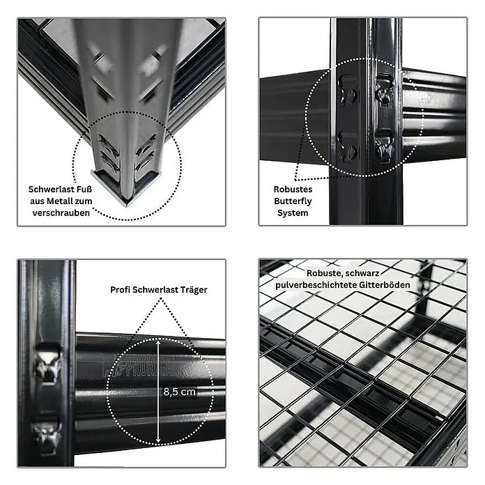 Proregal Schwerlastregal Mega Deal Profi RHINO - H x B x T: 180 x 200 x 60 cm, Traglast pro Boden: 500 kg, Anzahl Böden: 4 Stk., Stecken, Schwarz - Detailansichten des Schwerlastregals, inklusive Fuß, Butterfly-System, Träger und Gitterböden.
