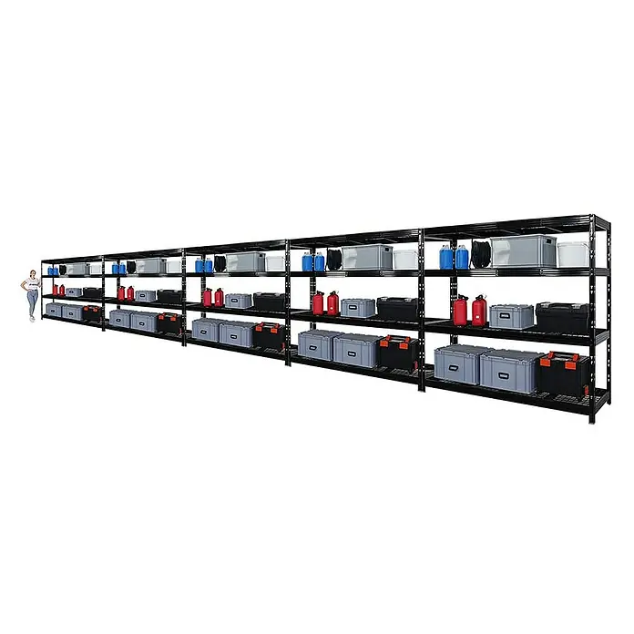 Proregal Schwerlastregal Mega Deal Profi RHINO - H x B x T: 180 x 200 x 60 cm, Traglast pro Boden: 500 kg, Anzahl Böden: 4 Stk., Stecken, Schwarz - Das Bild zeigt ein großes Regal mit diversen Aufbewahrungsboxen. Das Regal ist ideal für die Lagerung verschiedenster Gegenstände.