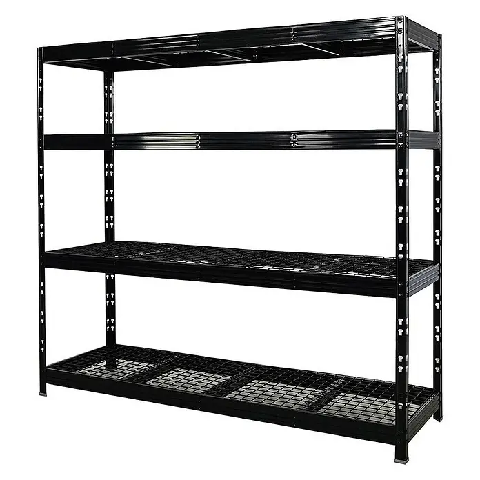 Proregal Schwerlastregal Mega Deal Profi RHINO - H x B x T: 180 x 200 x 60 cm, Traglast pro Boden: 500 kg, Anzahl Böden: 4 Stk., Stecken, Schwarz - Schwarzes Metallregal mit vier Ebenen und Gitterböden für Lager und Organisation.