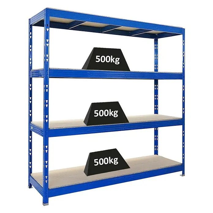 Proregal Schwerlastregal Profi RHINO - H x B x T: 200 x 200 x 60 cm, Traglast pro Boden: 500 kg, Anzahl Böden: 4 Stk., Stecken, Schwarz - Regal mit drei Fächern, beladen mit je 500 kg schweren Gewichten auf jeder Ebene, stabiles blaues Metallgestell.