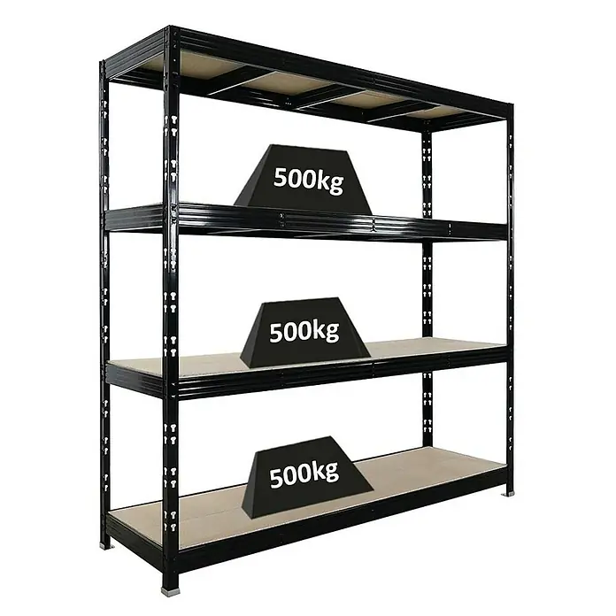 Proregal Schwerlastregal Profi RHINO - H x B x T: 200 x 200 x 60 cm, Traglast pro Boden: 500 kg, Anzahl Böden: 4 Stk., Stecken, Schwarz - Ein schwarzes Schwerlastregal mit drei Regalböden, auf denen jeweils ein Gewicht von 500 kg abgebildet ist.