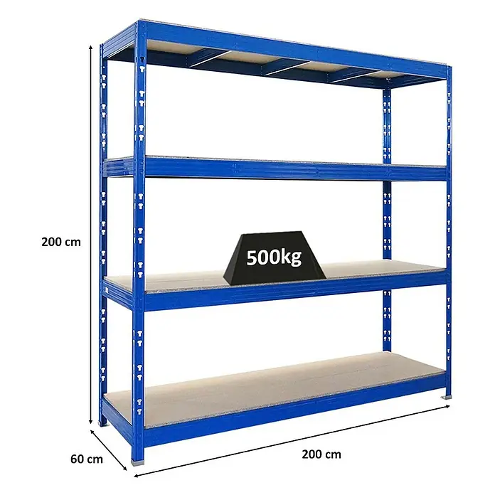 Proregal Schwerlastregal Profi RHINO - H x B x T: 200 x 200 x 60 cm, Traglast pro Boden: 500 kg, Anzahl Böden: 4 Stk., Stecken, Schwarz - Produktfoto eines blauen Schwerlastregals mit vier Ebenen und den Maßen 200x200x60 cm, belastbar bis 500 kg.