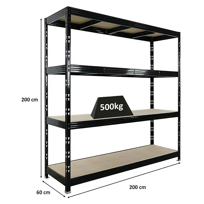 Proregal Schwerlastregal Profi RHINO - H x B x T: 200 x 200 x 60 cm, Traglast pro Boden: 500 kg, Anzahl Böden: 4 Stk., Stecken, Schwarz - Abbildung eines schwarzen Regals mit vier Fächern, das mit bis zu 500 kg belastet werden kann.