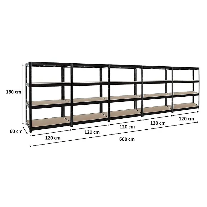 Proregal Schwerlastregal Mega Deal DINO - Traglast pro Boden: 600 kg, Anzahl Böden: 4 Stk., Stecken, Schwarz - Aufnahme eines schwarzen Metallregals mit Maßen. Vielseitiges, robustes Regal für Lagerung & Organisation, ideal für Garage, Keller oder Abstellraum.