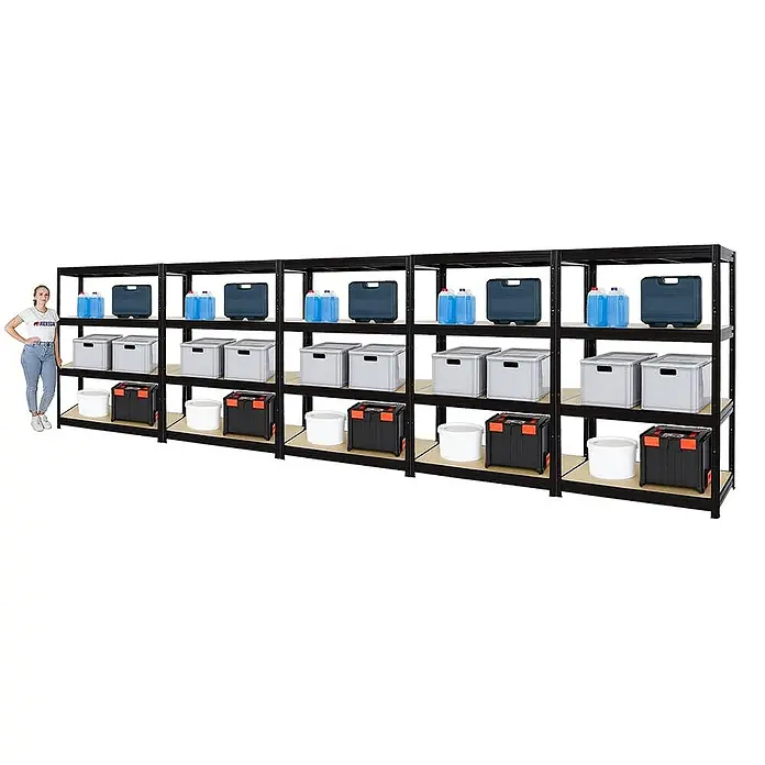 Proregal Schwerlastregal Mega Deal DINO - Traglast pro Boden: 600 kg, Anzahl Böden: 4 Stk., Stecken, Schwarz - Das Bild zeigt ein großes, schwarzes Schwerlastregal mit vier Ebenen, das mit verschiedenen Boxen und Behältern gefüllt ist.