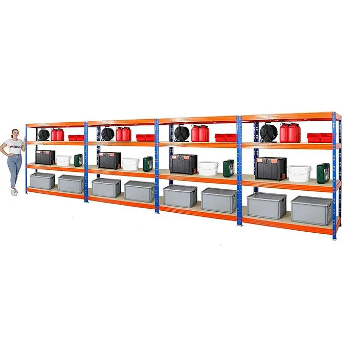 Proregal Schwerlastregal Mega Deal Profi RHINO - Traglast pro Boden: 500 kg, Anzahl Böden: 4 Stk., Stecken, Blau-Orange - Mehrstöckiges Lagerregal in Orange und Blau, das verschiedene Behälter und Ausrüstungen lagert.