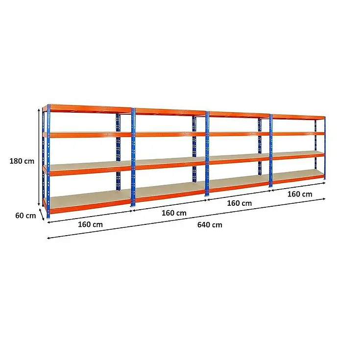 Proregal Schwerlastregal Mega Deal Profi RHINO - Traglast pro Boden: 500 kg, Anzahl Böden: 4 Stk., Stecken, Blau-Orange - Abbildung eines orangefarbenen Lagerregals mit blauen Stützen. Das Regal ist 180 cm hoch und 60 cm tief, mit einer Gesamtbreite von 640 cm.