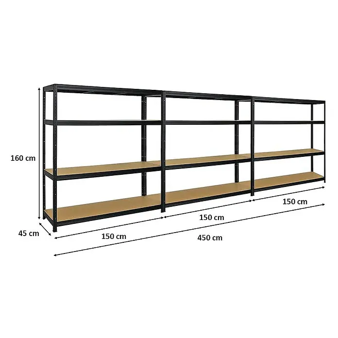 Proregal Schwerlastregal Mega Deal Giant Elephant - Traglast pro Boden: 200 kg, Anzahl Böden: 4 Stk., Stecken, Schwarz - Abbildung eines schwarzen Metallregals mit drei Regalebenen und den Maßen 160 cm Höhe, 45 cm Tiefe und 450 cm Länge.