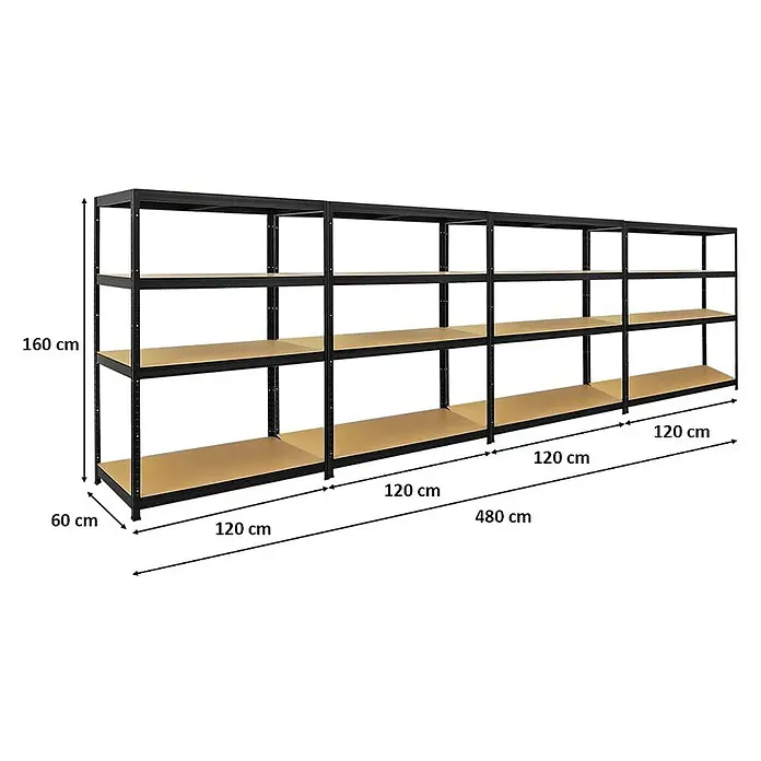 Proregal Schwerlastregal Mega Deal Big Elephant - Traglast pro Boden: 200 kg, Anzahl Böden: 4 Stk., Stecken, Schwarz - Regalsystem mit vier Ebenen, ideal für Lagerung. Die Maße sind 160 cm Höhe, 60 cm Tiefe und 480 cm Breite. Robuste Bauweise.