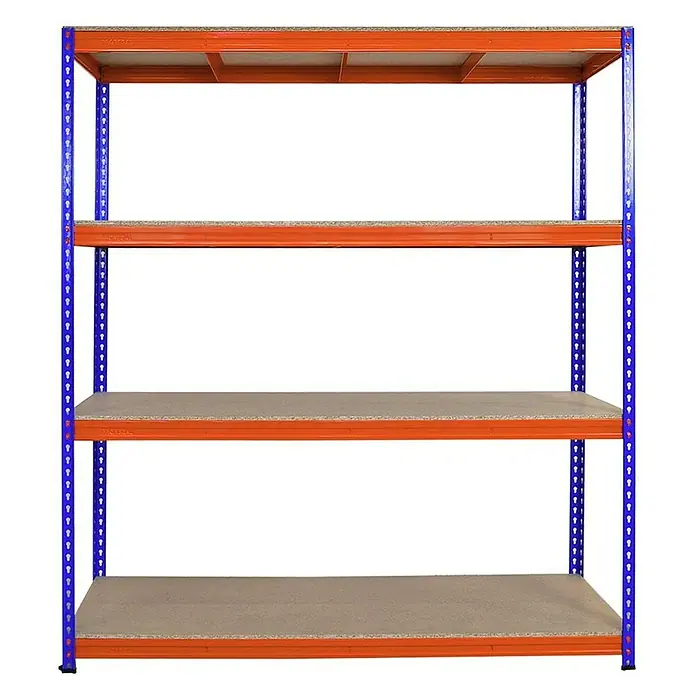 Proregal Schwerlastregal BISON - H x B x T: 200 x 180 x 60 cm, Traglast pro Boden: 600 kg, Anzahl Böden: 4 Stk., Stecken, Blau-Orange - Regal mit vier orangefarbenen Fachböden und blauem Metallrahmen zur Aufbewahrung. Das Regal bietet viel Stauraum für verschiedene Gegenstände.