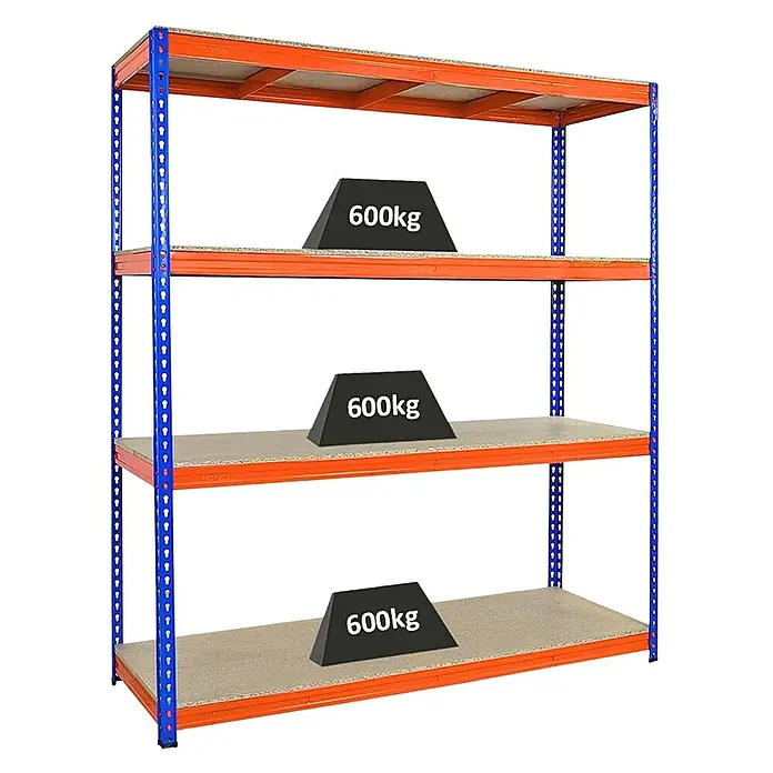 Proregal Schwerlastregal BISON - H x B x T: 200 x 180 x 60 cm, Traglast pro Boden: 600 kg, Anzahl Böden: 4 Stk., Stecken, Blau-Orange - Schwerlastregal mit drei Ebenen, jede mit 600kg belastet. Das Regal ist robust und ideal für Lager und Werkstatt.
