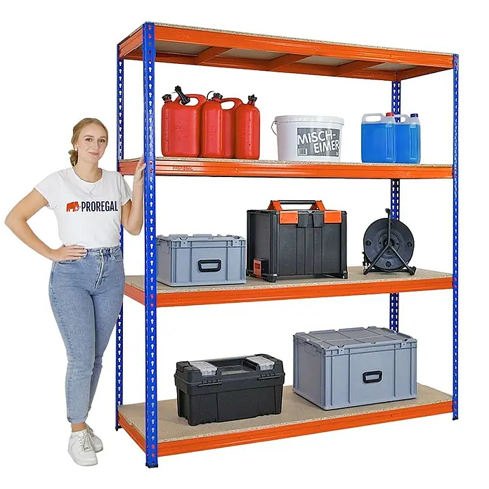 Proregal Schwerlastregal BISON - H x B x T: 200 x 180 x 60 cm, Traglast pro Boden: 600 kg, Anzahl Böden: 4 Stk., Stecken, Blau-Orange - Lagerregal mit vier Regalböden, ideal für Werkstatt oder Garage. Robuste Konstruktion mit viel Stauraum.