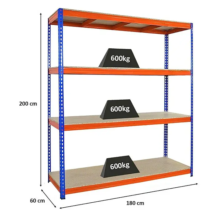 Proregal Schwerlastregal BISON - H x B x T: 200 x 180 x 60 cm, Traglast pro Boden: 600 kg, Anzahl Böden: 4 Stk., Stecken, Blau-Orange - Abbildung eines stabilen Lagerregals in Orange und Blau, beladen mit Gewichten und beschriftet mit Maßangaben.