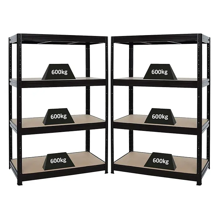 Proregal Schwerlastregal Mega Deal DINO - H x B x T: 180 x 120 x 60 cm, Traglast pro Boden: 600 kg, Anzahl Böden: 4 Stk., Stecken, Schwarz - Abbildung von zwei schwarzen Schwerlastregalen mit jeweils vier Ebenen, die mit Gewichten von 600 kg belastet sind. Robuste Lagerlösung.