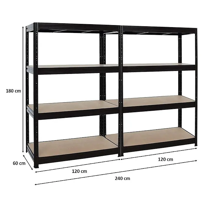 Proregal Schwerlastregal Mega Deal DINO - H x B x T: 180 x 120 x 60 cm, Traglast pro Boden: 600 kg, Anzahl Böden: 4 Stk., Stecken, Schwarz - Bild von einem schwarzen Metallregal mit vier Böden und den Maßen 180 cm hoch, 240 cm breit und 60 cm tief.
