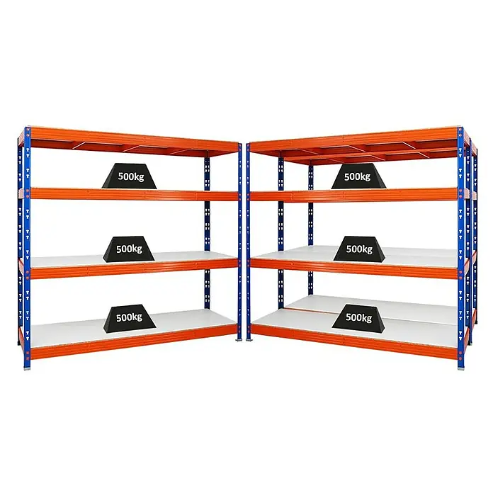 Proregal Schwerlastregal Mega Deal Profi RHINO - Traglast pro Boden: 500 kg, Anzahl Böden: 4 Stk., Stecken, Blau-Orange - Zwei Regale mit jeweils 500 kg Gewicht auf jeder Ebene, robust und belastbar für Lagerzwecke.