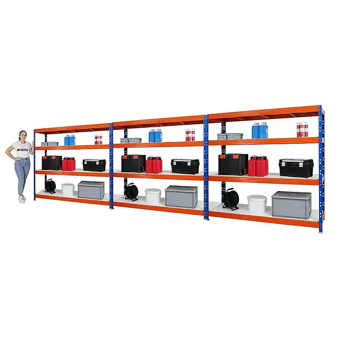 Proregal Schwerlastregal Mega Deal Profi RHINO - Traglast pro Boden: 500 kg, Anzahl Böden: 4 Stk., Stecken, Blau-Orange - Abbildung eines robusten Lagerregals in Orange und Blau, ideal für die Organisation von Gegenständen in Lagerräumen oder Garagen.