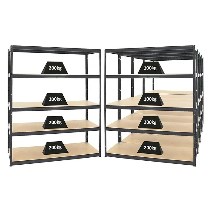 Proregal Schwerlastregal Mega Deal Giant Elephant - H x B x T: 180 x 150 x 60 cm, Traglast pro Boden: 200 kg, Anzahl Böden: 5 Stk., Stecken, Schwarz - Zwei Schwerlastregale mit je 5 Regalböden, auf denen jeweils ein 200kg Gewicht platziert ist. Ideal für Lager und Werkstatt.