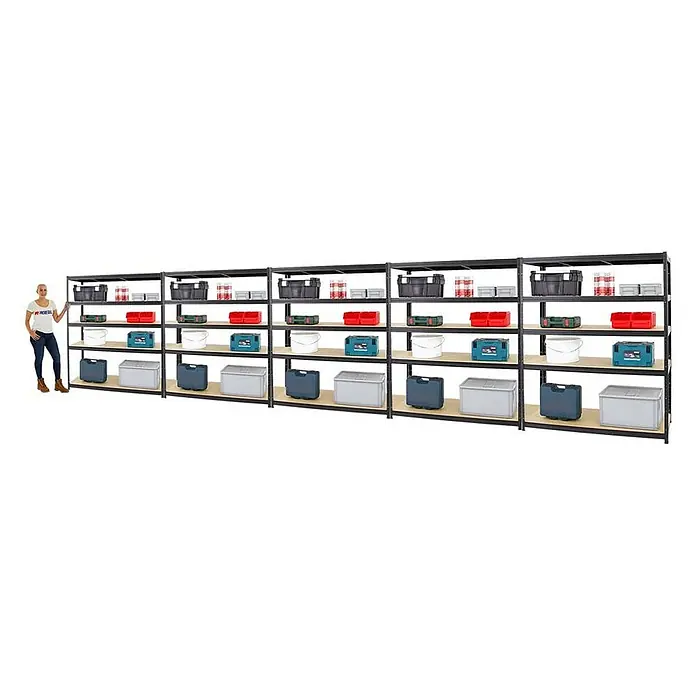 Proregal Schwerlastregal Mega Deal Giant Elephant - H x B x T: 180 x 150 x 60 cm, Traglast pro Boden: 200 kg, Anzahl Böden: 5 Stk., Stecken, Schwarz - Lagerregale mit Aufbewahrungsboxen. Diese Regale bieten viel Stauraum für Werkzeug, Kisten und Zubehör, ideal für Garage oder Keller.