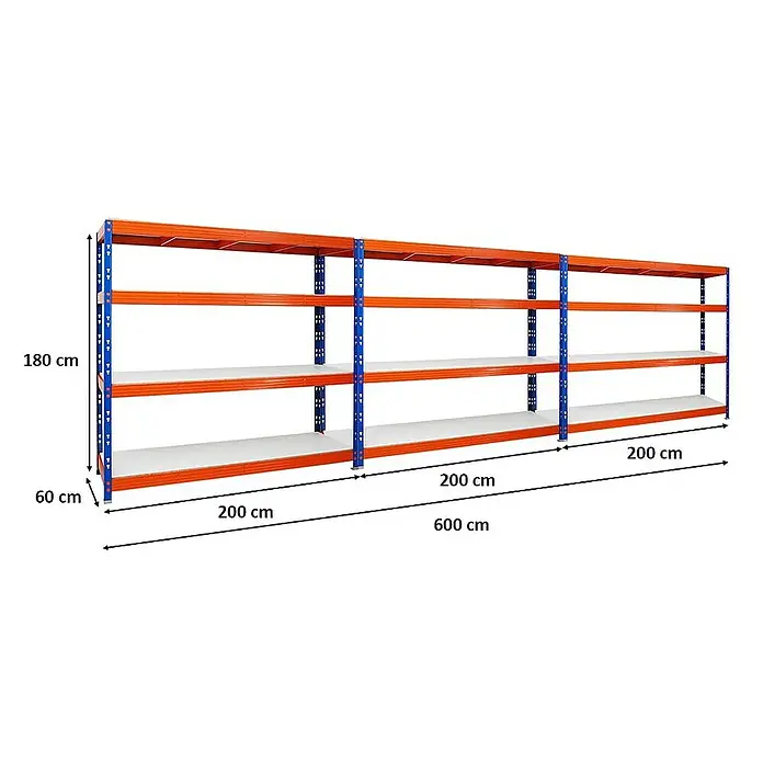 Proregal Schwerlastregal Mega Deal Profi RHINO - Traglast pro Boden: 500 kg, Anzahl Böden: 4 Stk., Stecken, Blau-Orange - Das Bild zeigt ein Schwerlastregal mit vier Ebenen, blauem Gestell und orangefarbenen Trägern mit den Maßen 180x60x600cm.