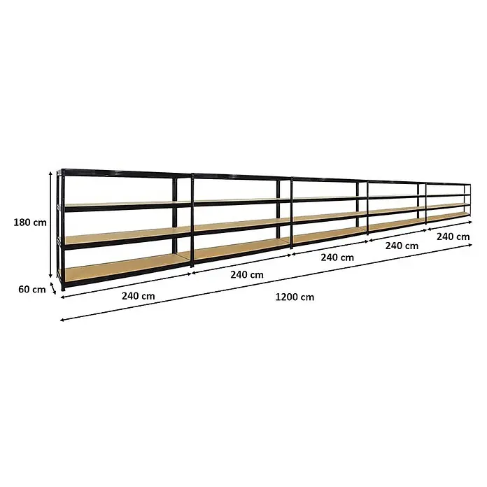 Proregal Schwerlastregal Mega Deal DINO - H x B x T: 180 x 240 x 60 cm, Traglast pro Boden: 450 kg, Anzahl Böden: 4 Stk., Stecken, Schwarz - Langes Regal mit drei Ebenen. Perfekt zur Lagerung von Gegenständen und zur Organisation von Räumen. Praktisch und geräumig.