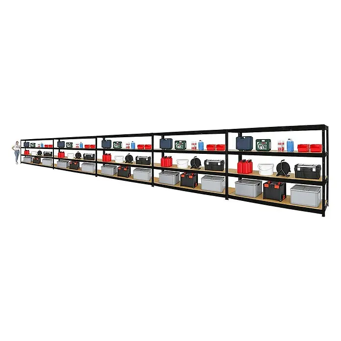 Proregal Schwerlastregal Mega Deal DINO - H x B x T: 180 x 240 x 60 cm, Traglast pro Boden: 450 kg, Anzahl Böden: 4 Stk., Stecken, Schwarz - Aufnahme des langen Metallregals mit Werkzeugen und Behältern, ideal zur Aufbewahrung und Organisation von Gegenständen.