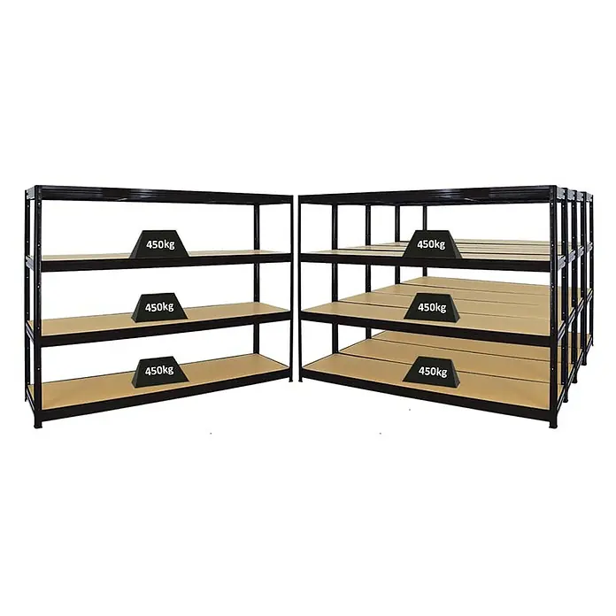 Proregal Schwerlastregal Mega Deal DINO - H x B x T: 180 x 240 x 60 cm, Traglast pro Boden: 450 kg, Anzahl Böden: 4 Stk., Stecken, Schwarz - Zwei schwarze Metallregale mit Holzregalböden, von denen jeder mit einem 450kg Gewicht belastet ist, dargestellt auf einem weißen Hintergrund.