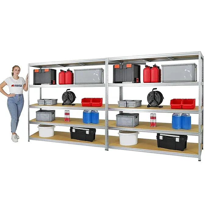Proregal Schwerlastregal Mega Deal Giant Elephant - Traglast pro Boden: 200 kg, Anzahl Böden: 5 Stk., Stecken, Verzinkt - Regalsystem mit diversen Lagerbehältern auf den Regalböden, ideal für Garage oder Lagerraum.