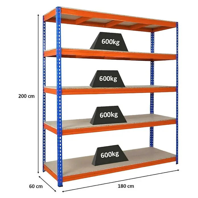 Proregal Schwerlastregal BISON - H x B x T: 200 x 180 x 60 cm, Traglast pro Boden: 600 kg, Anzahl Böden: 5 Stk., Stecken, Blau-Orange - Ein robustes Schwerlastregal mit vier Ebenen, beladen mit Gewichten, ideal für Lagerung und Organisation.