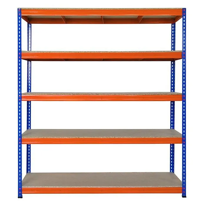 Proregal Schwerlastregal BISON - H x B x T: 200 x 180 x 60 cm, Traglast pro Boden: 600 kg, Anzahl Böden: 5 Stk., Stecken, Blau-Orange - Regal mit fünf Ebenen, ideal zur Lagerung von Gegenständen. Die robuste Konstruktion sorgt für Stabilität und Langlebigkeit.