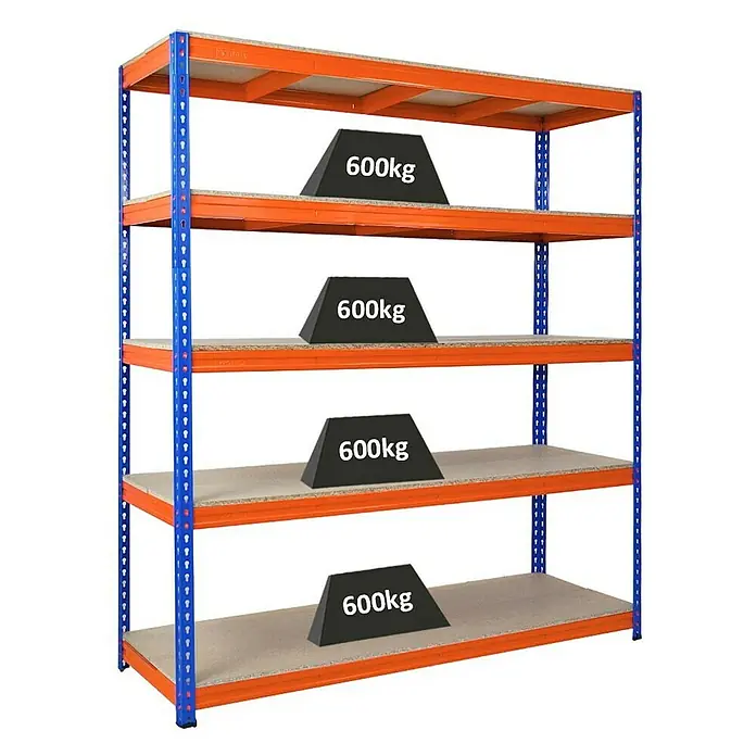 Proregal Schwerlastregal BISON - H x B x T: 200 x 180 x 60 cm, Traglast pro Boden: 600 kg, Anzahl Böden: 5 Stk., Stecken, Blau-Orange - Ein stabiles Schwerlastregal mit vier Ebenen, jede mit Gewichten von 600 kg belastet, ideal für Lagerung.