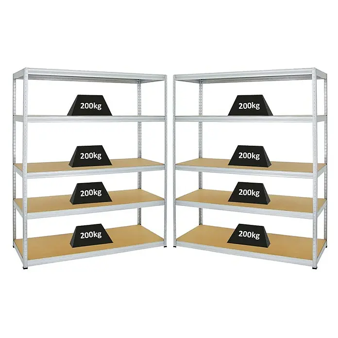 Proregal Schwerlastregal Mega Deal Giant Elephant - H x B x T: 180 x 150 x 60 cm, Traglast pro Boden: 200 kg, Anzahl Böden: 5 Stk., Stecken, Verzinkt - Zwei Metallregale mit jeweils fünf Regalböden, belastet mit Gewichten von 200kg, ideal für Lagerung.