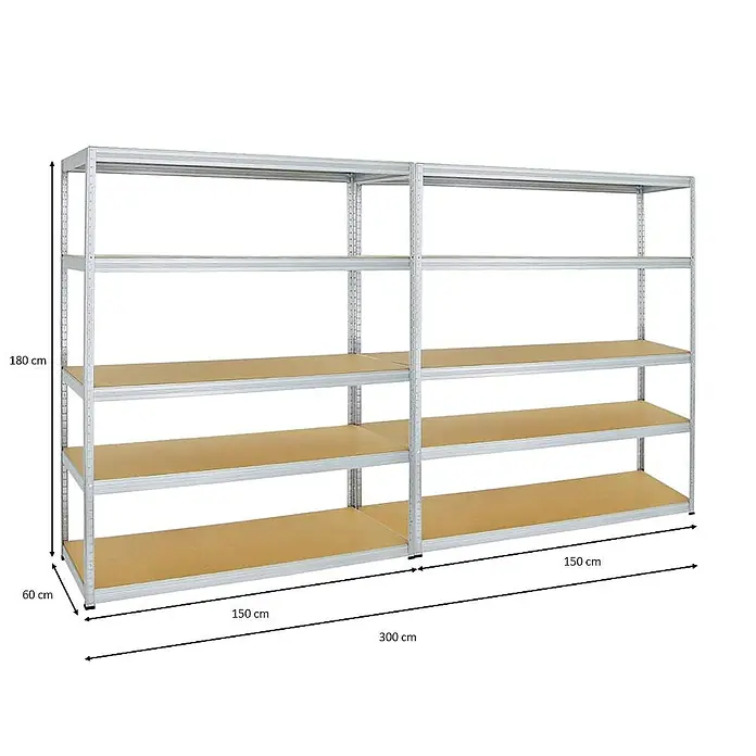 Proregal Schwerlastregal Mega Deal Giant Elephant - H x B x T: 180 x 150 x 60 cm, Traglast pro Boden: 200 kg, Anzahl Böden: 5 Stk., Stecken, Verzinkt - Bild eines silbernen Metallregals mit Holzregalböden, das für Lagerzwecke oder zur Organisation von Gegenständen verwendet werden kann.