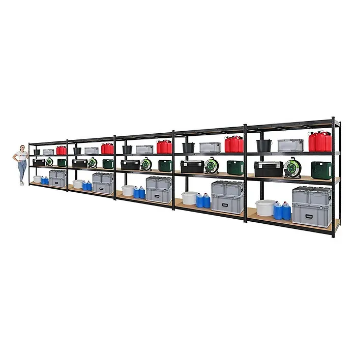 Proregal Schwerlastregal Mega Deal TAURUS - Traglast pro Boden: 250 kg, Anzahl Böden: 5 Stk., Stecken, Schwarz - Lagerregal mit mehreren Ebenen, beladen mit Behältern, Eimern und Werkzeugkästen, ideal für Ordnung und Organisation im Lager.