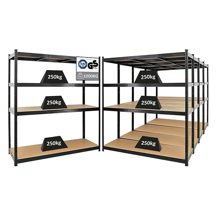 Proregal Schwerlastregal Mega Deal TAURUS - Traglast pro Boden: 250 kg, Anzahl Böden: 5 Stk., Stecken, Schwarz - Schwerlastregal mit vier Ebenen, jede mit einer Tragfähigkeit von 250 kg, ideal für Lagerung und Organisation.