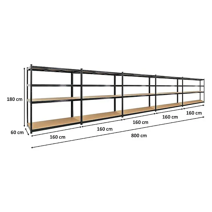 Proregal Schwerlastregal Mega Deal TAURUS - Traglast pro Boden: 250 kg, Anzahl Böden: 5 Stk., Stecken, Schwarz - Langes, schwarzes Metallregal mit Holzregalböden, ideal für Lagerung und Organisation.