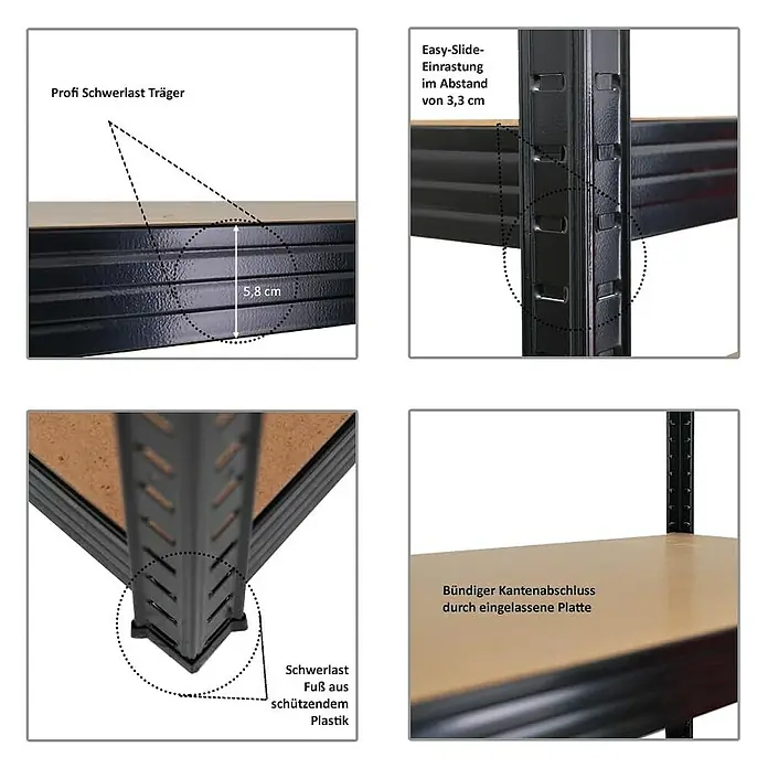 Proregal Schwerlastregal Mega Deal TAURUS - Traglast pro Boden: 250 kg, Anzahl Böden: 5 Stk., Stecken, Schwarz - Detailansichten des Schwerlastregals, die die Trägerstärke, Easy-Slide-Einrastung, Fuß aus schützendem Plastik und den Kantenabschluss zeigen.