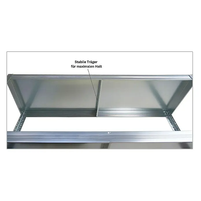 Proregal Metallregal Mega Deal Steel Eagle - Traglast pro Boden: 130 kg, Anzahl Böden: 5 Stk., Stecken, Verzinkt - Nahaufnahme eines stabilen Metallregals mit verstärkten Trägern, die maximale Stabilität und Haltbarkeit gewährleisten.