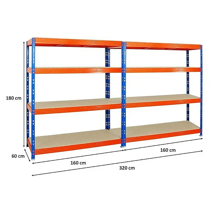 Proregal Schwerlastregal Mega Deal Profi RHINO - Traglast pro Boden: 500 kg, Anzahl Böden: 4 Stk., Stecken, Blau-Orange - Abbildung eines blau-orangenen Schwerlastregals mit vier Ebenen und Maßangaben für Höhe, Breite und Tiefe.