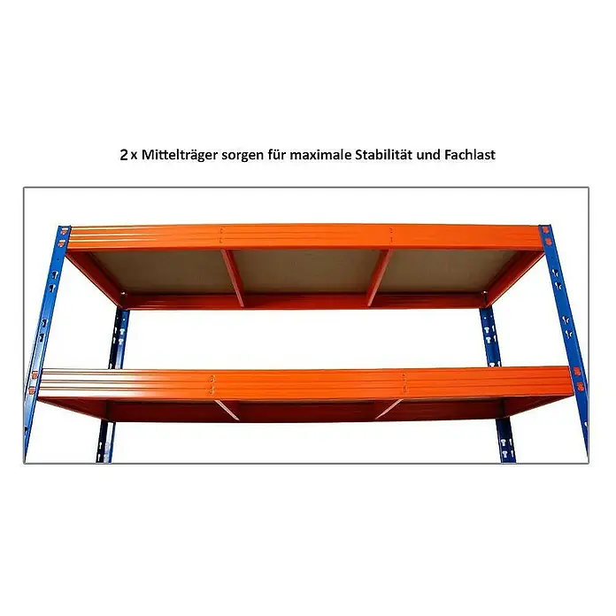 Proregal Schwerlastregal Mega Deal Profi RHINO - Traglast pro Boden: 500 kg, Anzahl Böden: 4 Stk., Stecken, Blau-Orange - Detailaufnahme eines robusten, mehrstöckigen Lagerregals mit orangefarbenen Böden und blauen Eckverstrebungen für maximale Stabilität und Lastverteilung.