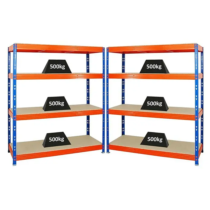 Proregal Schwerlastregal Mega Deal Profi RHINO - Traglast pro Boden: 500 kg, Anzahl Böden: 4 Stk., Stecken, Blau-Orange - Bild von zwei Regalen mit je vier Ebenen, auf denen jeweils ein Gewicht von 500 kg liegt. Die Regale sind blau und orange.