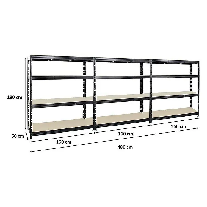 Proregal Schwerlastregal Mega Deal Profi RHINO - Traglast pro Boden: 500 kg, Anzahl Böden: 4 Stk., Stecken, Schwarz - Abbildung eines schwarzen Metallregals mit drei Regalen und Messwerten, die Höhe 180 cm, Tiefe 60 cm und Länge 480 cm betragen.