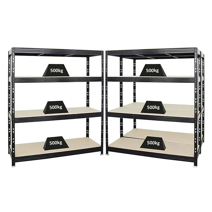 Proregal Schwerlastregal Mega Deal Profi RHINO - Traglast pro Boden: 500 kg, Anzahl Böden: 4 Stk., Stecken, Schwarz - Bild von zwei schwarzen Metallregalen mit Holzregalböden, die jeweils mit Gewichten von 500 kg belastet sind.