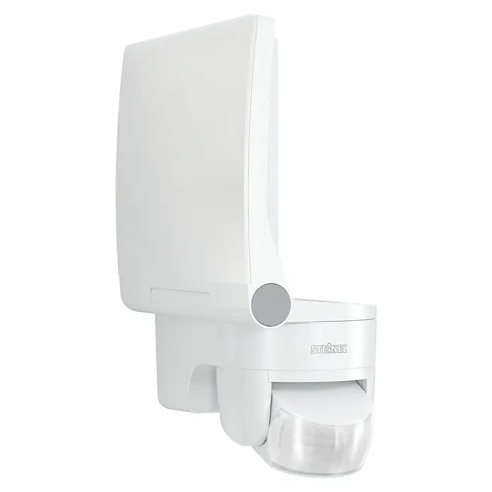 Steinel LED-Sensor-Strahler XLED home 2 S weiß - 13,7 W, L x B x H: 161 x 180 x 218 mm, Weiß, IP44 - Nahaufnahme eines weißen Steinel Bewegungsmelders, der eine zuverlässige Überwachung für den Außenbereich bietet.