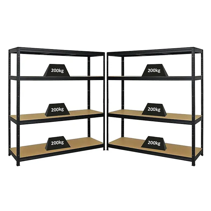 Proregal Schwerlastregal Mega Deal Giant Elephant - H x B x T: 160 x 150 x 45 cm, Traglast pro Boden: 200 kg, Anzahl Böden: 4 Stk., Stecken, Schwarz - Zwei Schwerlastregale aus Metall mit jeweils drei Regalböden, belastet mit 200kg-Gewichten. Robuste Lagerregale für Werkstatt oder Garage.